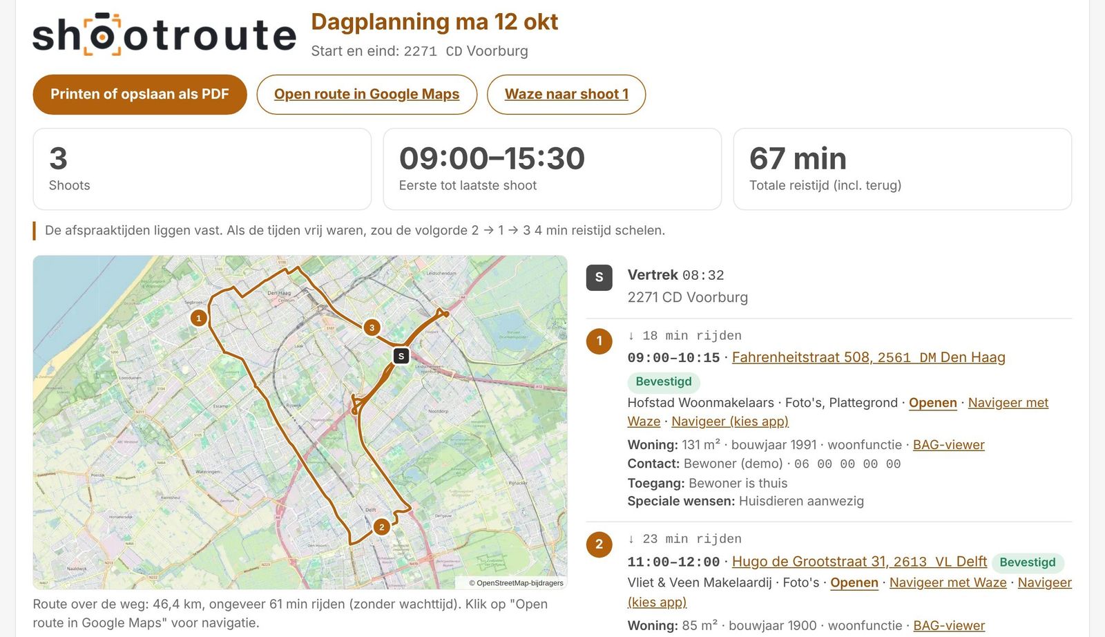 Dagplanning met drie shoots, de route over de weg op de kaart, rijtijden en de gegevens per woning