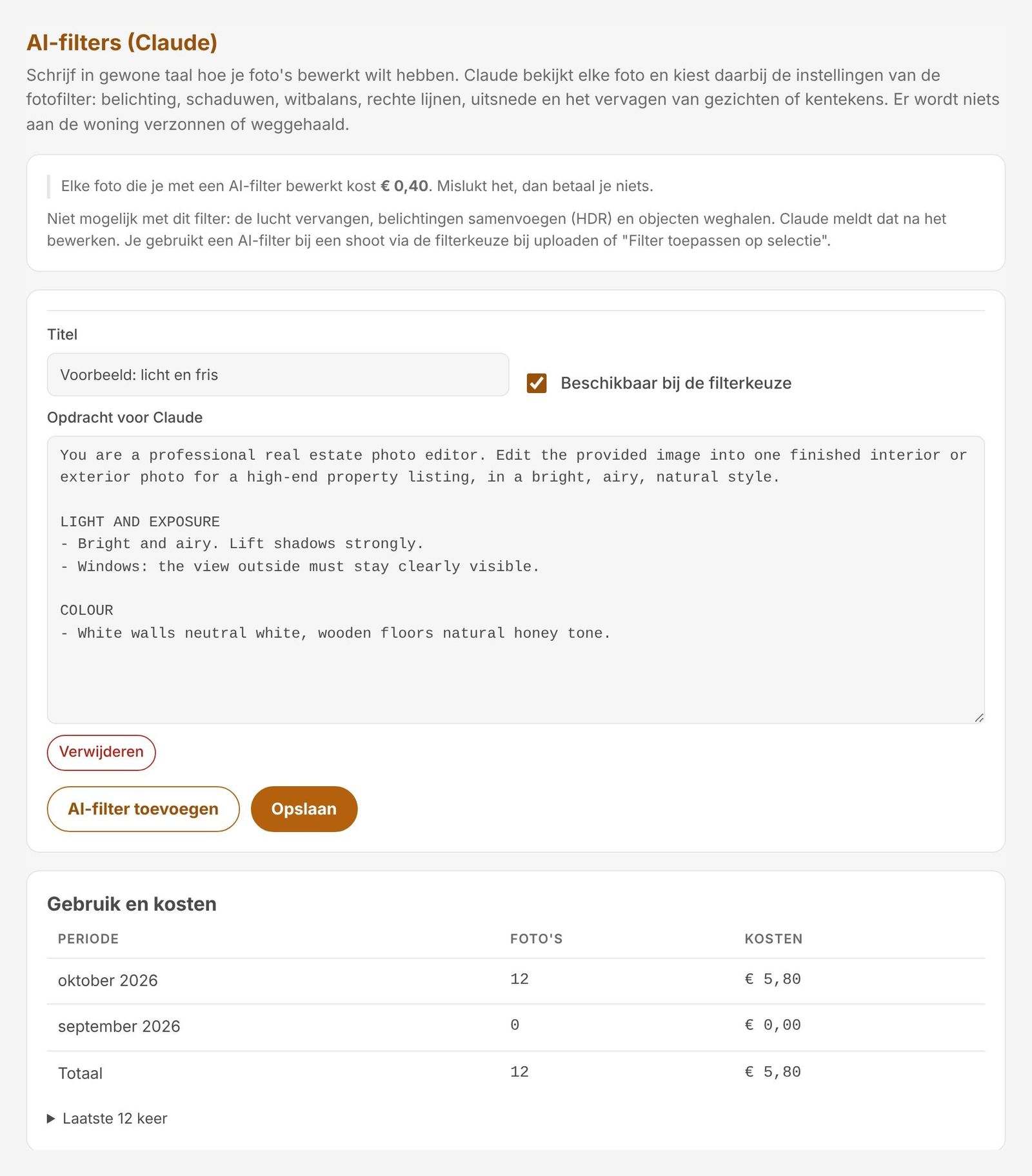AI-filter met titel, opdracht voor Claude en het gebruik en de kosten per maand
